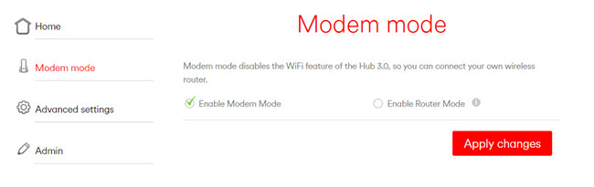 Virgin Media Hub 3.0 Modem Mode Switch