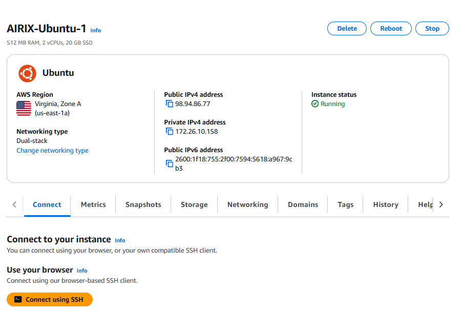 Screenshot instance details and browser SSH