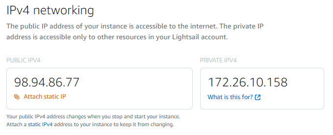 Screenshot Lightsail attach a static IPv4 address 