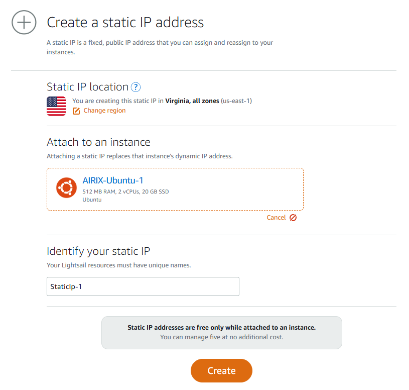 Screenshot Lightsail attach a static IP address