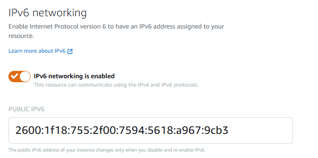Screenshot Lightsail IPv6 address management