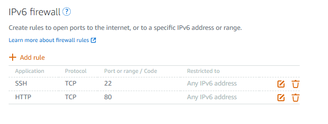 Screenshot Lightsail IPv6 Firewall