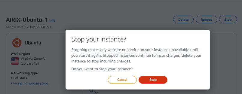 Screenshot Lightsail Stop instance