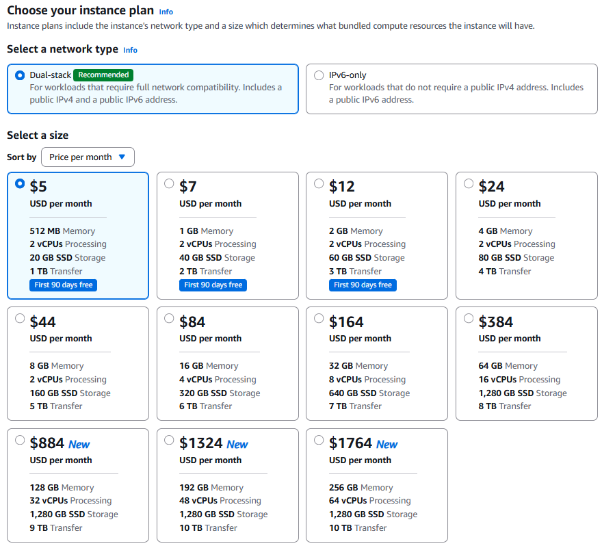 Selection of different server sizes within Lightsail