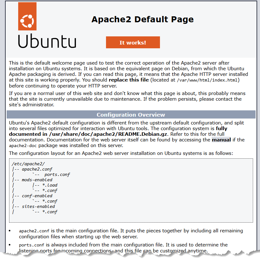 Screenshot of Apache Web Server It Works Default Page