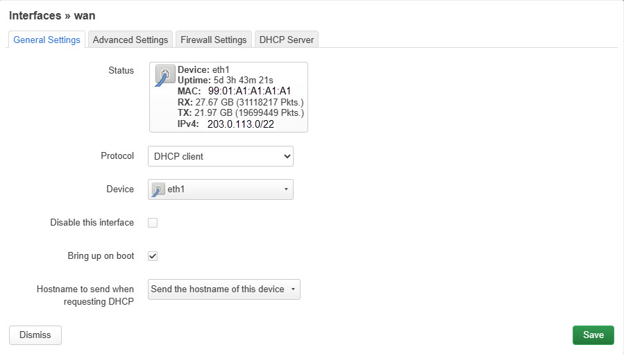 OpenWrt Interfaces WAN Protocol set to DHCP Client