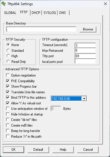 TFTP Screenshot with program settings